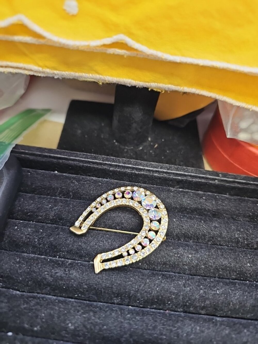 Brooch/ Pin/pendant Goldtone Horseshoe A.B. R&clear Rhinestones 1 3/4"inches - Picture 2 of 8